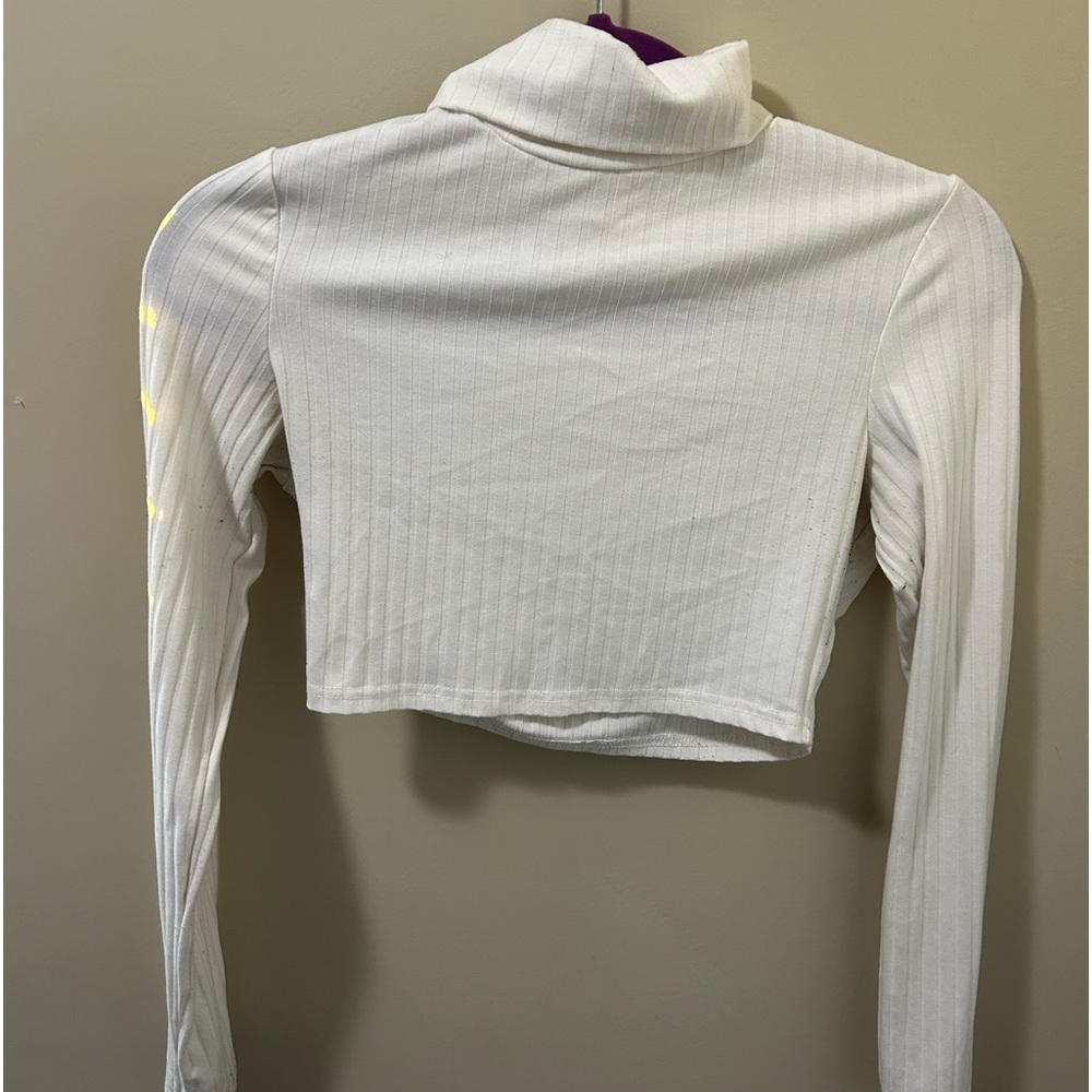 Textured White Long Sleeve Turtle Neck Crop Top
